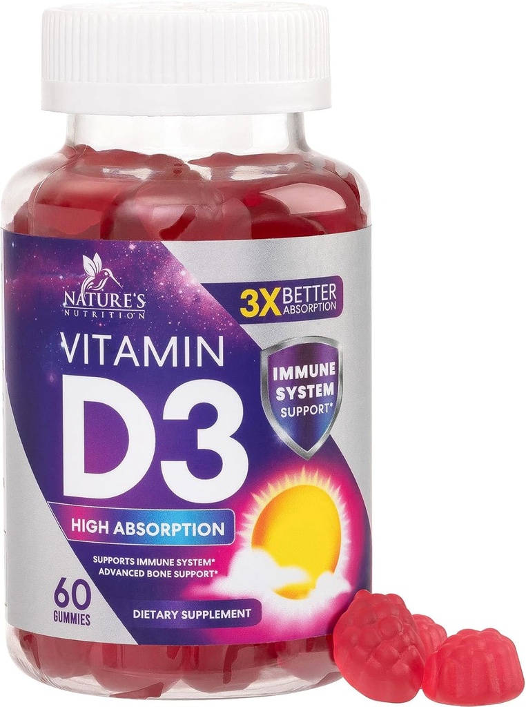 Vitamiin D3 Gummy 5000 RÜ (125 mcg) - Dieet Vitamiinid D täiendus naistele ja meestele - Luud, hambad, lihased ja immuunsuse tervise toetamine, kõrge potentsi VIT D3 Looduse mitte-GMO ja gluteenivaba - 60 kummikuid
