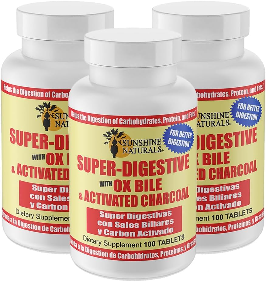 Sunshine Naturals Super Seedetrakti täiendus. Ox Bile ja aktiveeritud süsi seedetrakti toetamiseks, puhumiseks, soole puhastamiseks, toitainete imendumiseks ja üldiseks heaoluks. 100 tabletti. Pakend 3