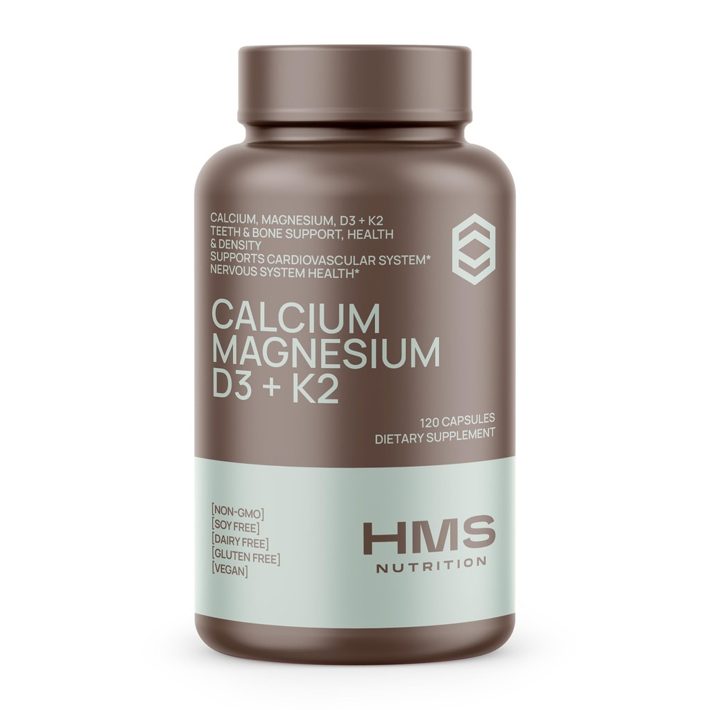 Kaltsium, magneesium, vitamiinid D3 + K2 luude tervise jaoks, immuunsuse tugi, luud ja hambad Kaltsiumi lisand naistele ja meestele, mitte-GMO, gluteenivaba, 120 kapslit