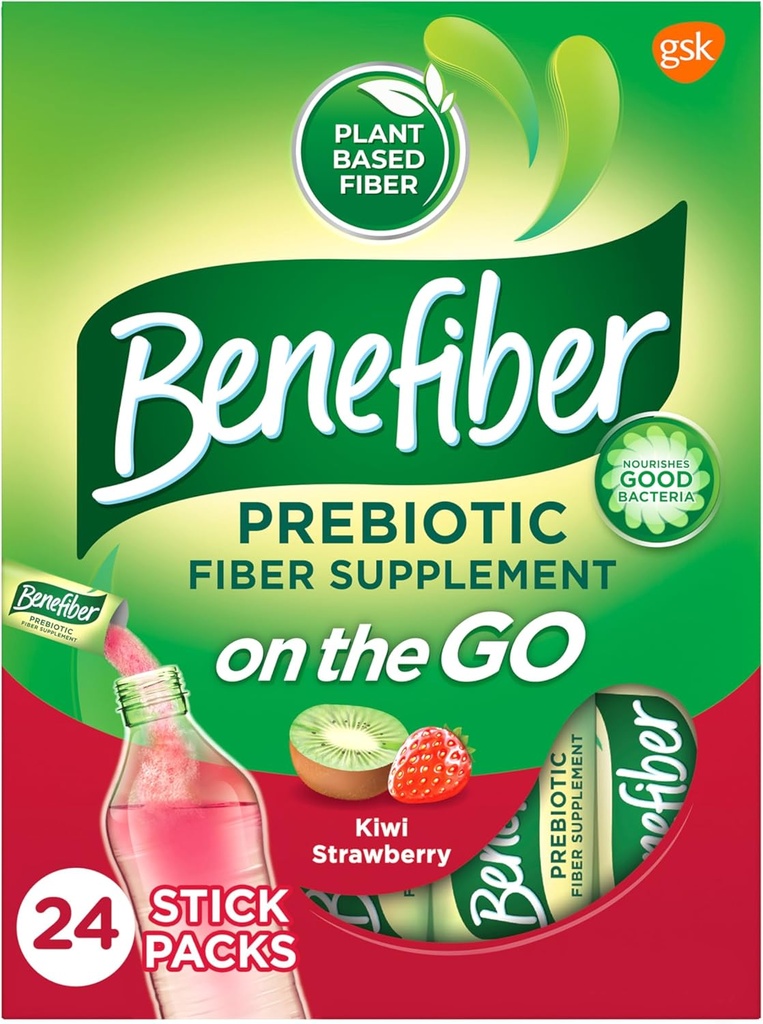 Benefiber On Go Prebiootiline Fiber Supplement Pulber seedetrakti tervise, Daily Fiber Powder, Kiwi Maasikas Maitsestatud Powder Stick Packs - 24 Sticks (5.28 Ounces)