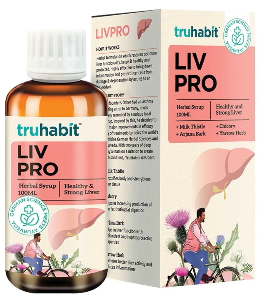 Livpro Maksa Detox siirup piimaohakaga ja Arjuna koor rohelise raviga, Maksalisa piimaohaka maksa detoksi puhastamisega, Orgaaniline Maksatoetus - Saksa teadus Ayurvedaga, 3.4 Fl Oz (100 ml)