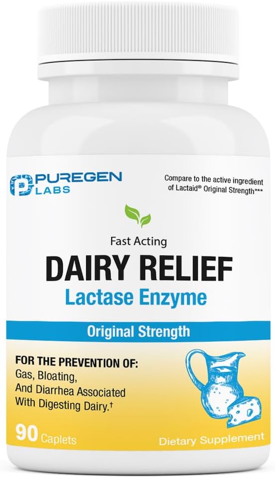Puregen Labs Piimatööstus Relief Natural Fast Acting Lactase Enzyme 3000 FCC, Laktoosi Intolerants Pills 90 Caplets