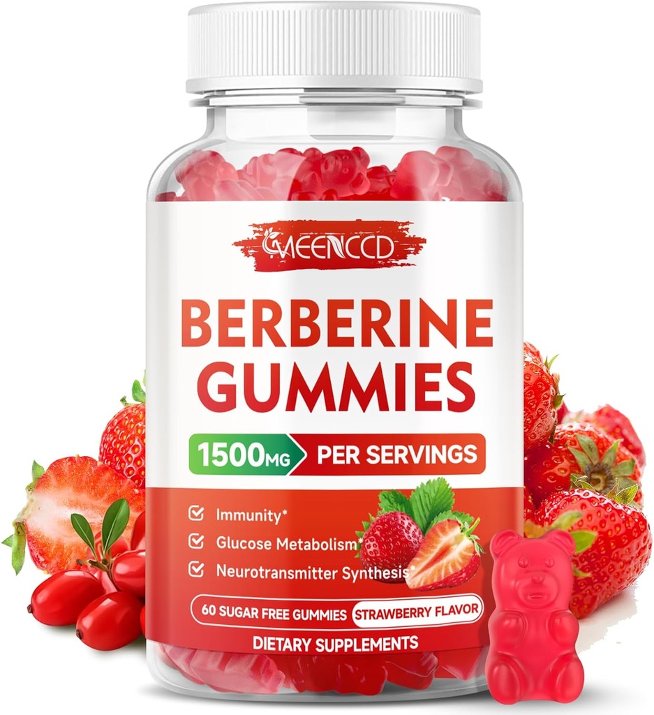 Berberine Gummies with Ceylon Cinnamon 1500mg High Potency Berberine HCL Supplement for Immune Support, Sugar Free, Vegan, Strawberry Flavor, 60 Count