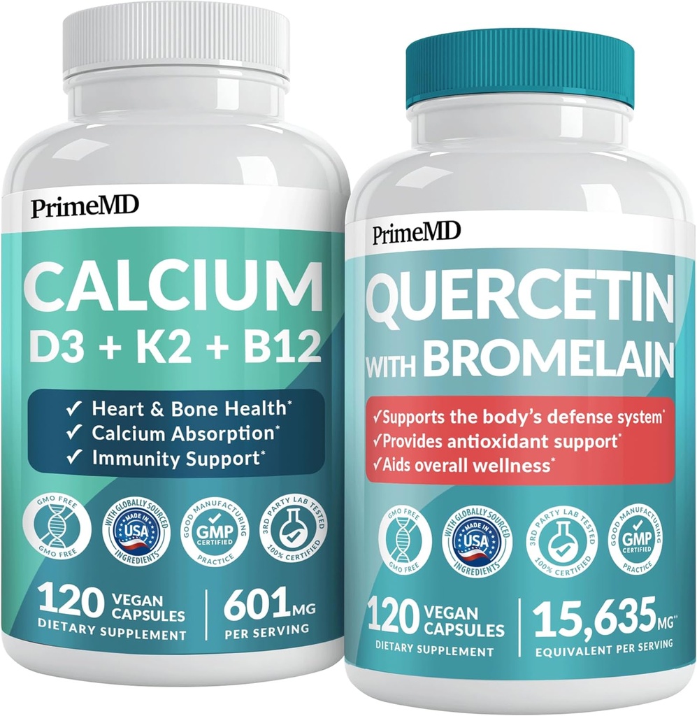 PrimeMD 4-in-1 kaltsiumilisandid naistele ja meestele või südamele, luudele ja kehakaitsele (120 ct) ja 28-in-1 Quercetin koos bromelaini lisandiga - Quercetin 500mg kapslid immuunkaitse toetuseks (120 ct)