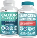 PrimeMD 4-in-1 kaltsiumilisandid naistele ja meestele või südamele, luudele ja kehakaitsele (120 ct) ja 28-in-1 Quercetin koos bromelaini lisandiga - Quercetin 500mg kapslid immuunkaitse toetuseks (120 ct)