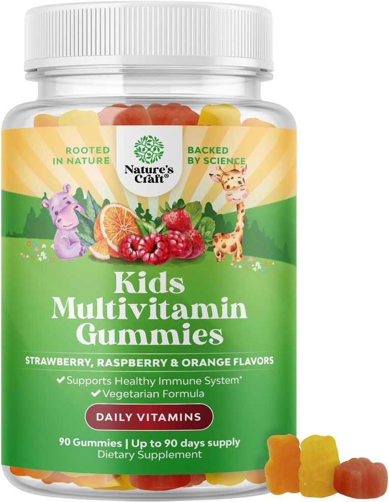 Taimepõhised lapsed Multivitamiinid Kummid - Laste multivitamiin Immuunsüsteemi toetamine vitamiinidega A, C, D3, E, B6 ja B12, tsink ja jood - Laste vitamiinid Näritav valem tugeva tervise jaoks - 90 Count