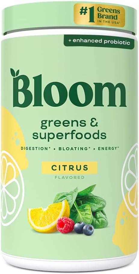 Bloom Toitumine Superfood Rohelised Pulber, seedeensüümid probiootikumide ja prebiootikumidega, soolestiku tervis, Bloating Relief naistele, Chlorella, Green Juice Mix peedi juure pulbriga, 60 SVG, tsitrusviljad