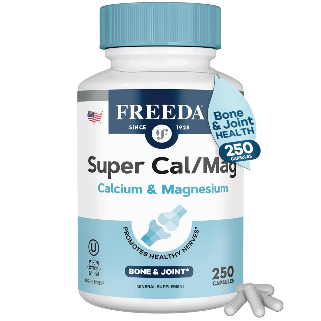Freeda Super Cal / Mag - Kosher Vegan Luu Tervise Täiendus - Toetab Luu tugevust, Närvifunktsiooni Ja Lihaste Lõõgastust - Taimetoitlane Kaltsium Magneesium Kapslid - Kolmanda osapoole testitud - 250 kapslit