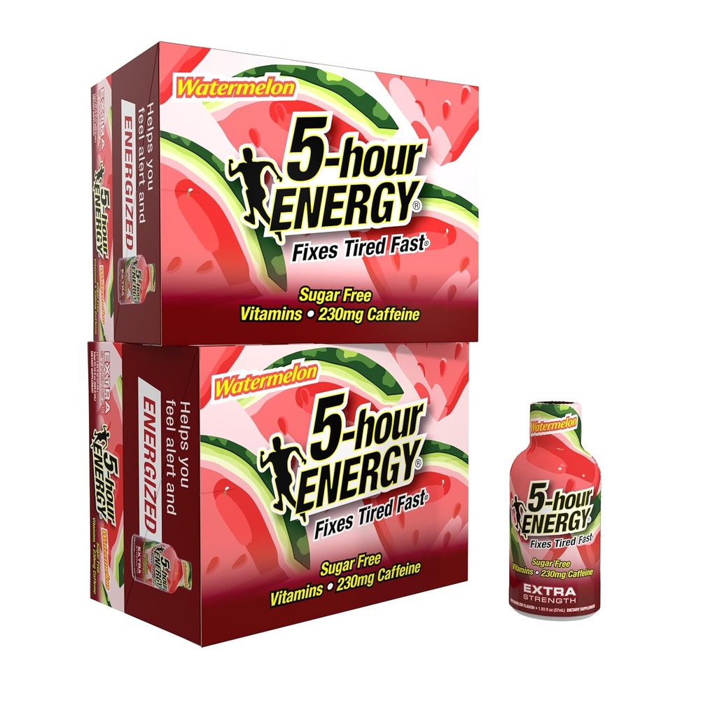 5-tunnine Energy Extra Tugevus Energia Shot, Arbuus Maitse (1,93 oz. - 24 Count) Suhkruvabad ja nullkalorid, B-vitamiinid ja Aminohapped, 230mg Kofeiinitud Energia Shot, Toidulisandi