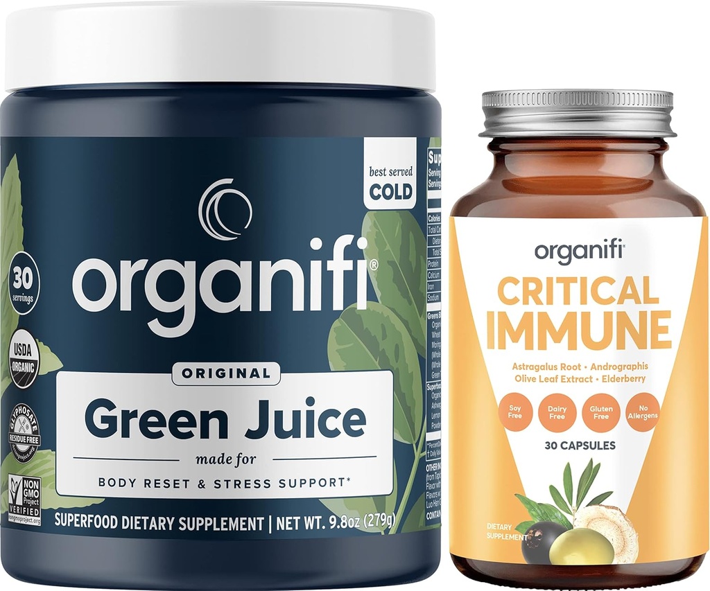 Organifi roheline mahl Superfood Powder (30 serveerimist) ja kriitiline immuunsus (30 kapslit) - C-vitamiin, kehakaalu kontroll, detox puhastamine, stressi leevendamine ja immuunsuse toetamine - Gluteenivaba, vegan, kogu toit