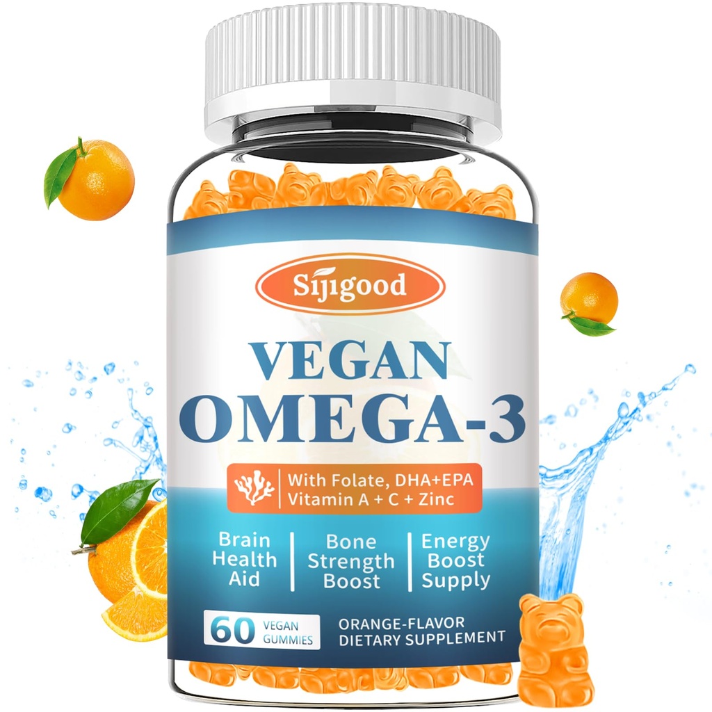 Omega-3 Gummies Potent Vetikad Omega Allikas, Boost Aju, Silma Ja Immuunfunktsiooni DHA ja EPA Vegan & Sugar Free, Oranž Maitse, 60 Count