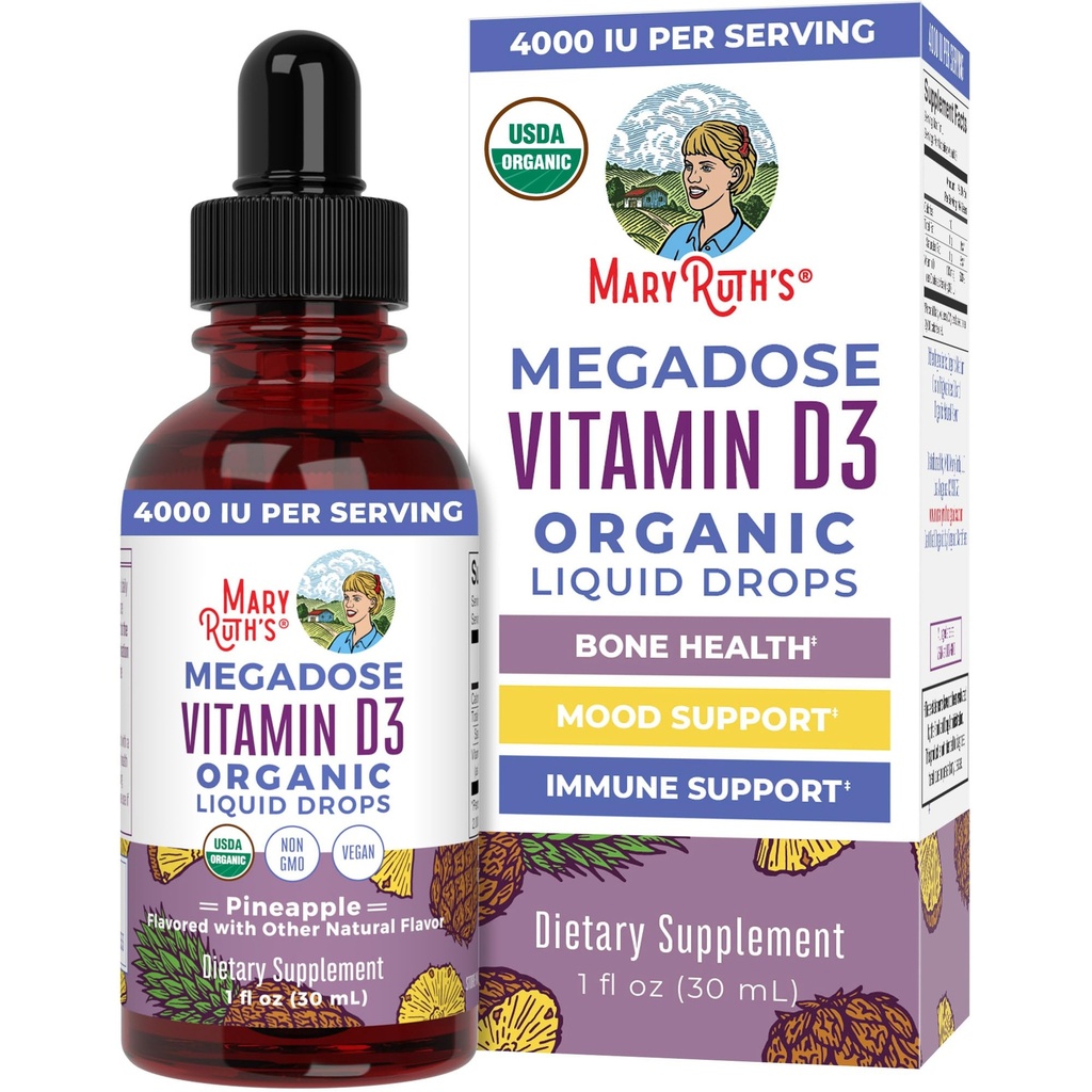 MARYRUTHi D3-vitamiini tilgad | Megadoos 4000 RÜ | USDA orgaaniline vedelik D-vitamiini pihustamine täiskasvanutele ja lastele | Immuunsüsteemi tugi & luude tervis | Vegan | Gluteenivaba | Mitte-GMO | 30 Servingut