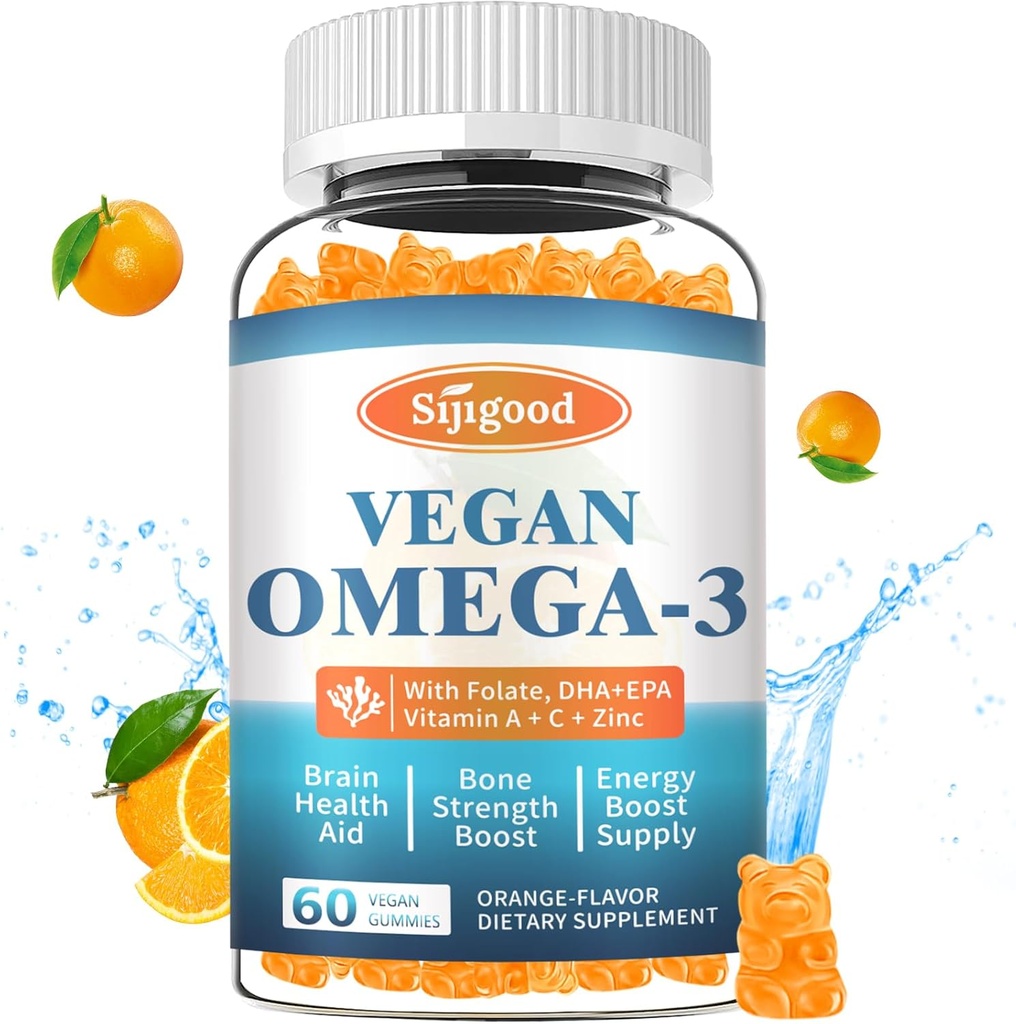 Omega-3 Gummies Potent Vetikad Omega Allikas, Boost Aju, Silma Ja Immuunfunktsiooni DHA ja EPA Vegan & Sugar Free, Oranž Maitse, 60 Count