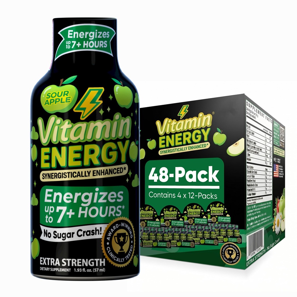 Vitamiini energia treening + ekstra tugevus energia Shot Hapu Apple 48 Pack, 260mg looduslik kofeiin, Pre-Workout, B-vitamiinid, mineraalid, vastupidavus ja jõudlus, null suhkur, gluteenivaba, Vegan, 1.93 fl oz