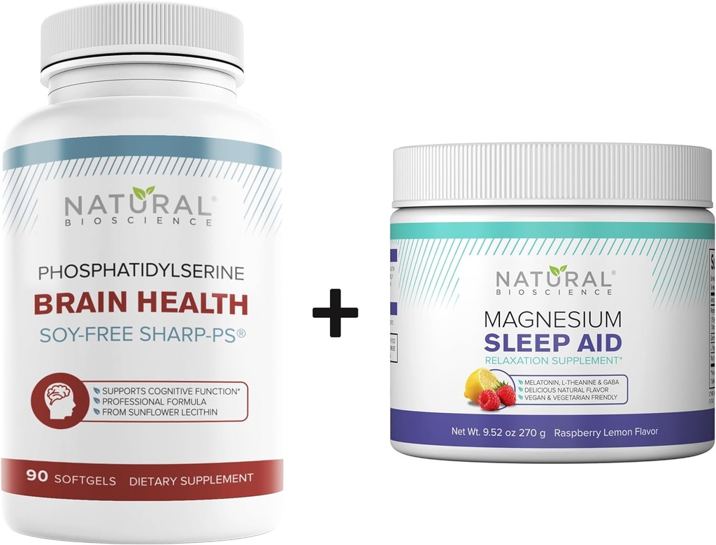 Natural BioScience Soja-Free Fosfatidüülseriin 100mg & Magneesium Sleep Powder Supplement Bundle - Ultimate Brain Health & Relax Support