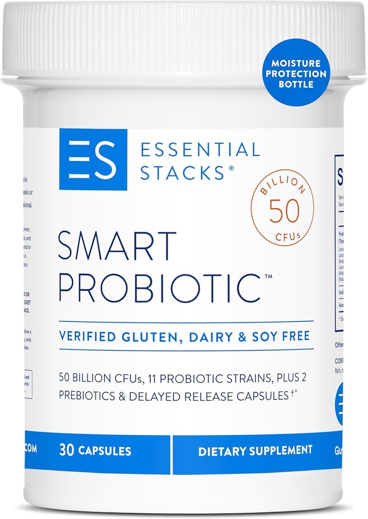 Essential Stacks Smart Probiootikum - 50 miljardit CFU-d, 11 probiootilist tüve, 2 prebiootikumi, hilinenud vabanemisega kapslit - igapäevane probiootiline prebiootikum naistele ja meestele (30 kapslit)