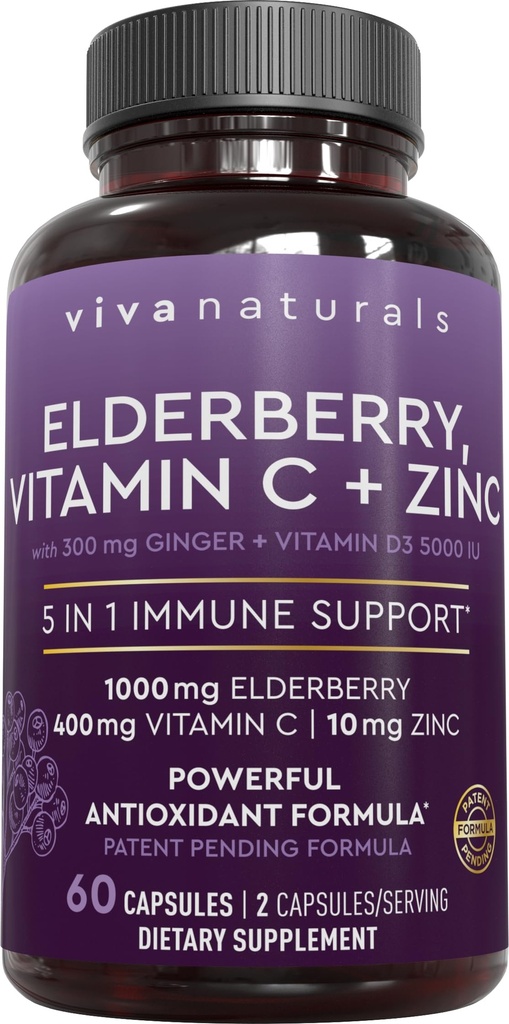 Viva Naturals Black Elderberry C-vitamiini ja tsink täiskasvanutele (60 Count) - Sambucus Elderberry Immune Support Supplement, Black Elderberry kapslid täiskasvanutele, Elderberry Supplements naistele