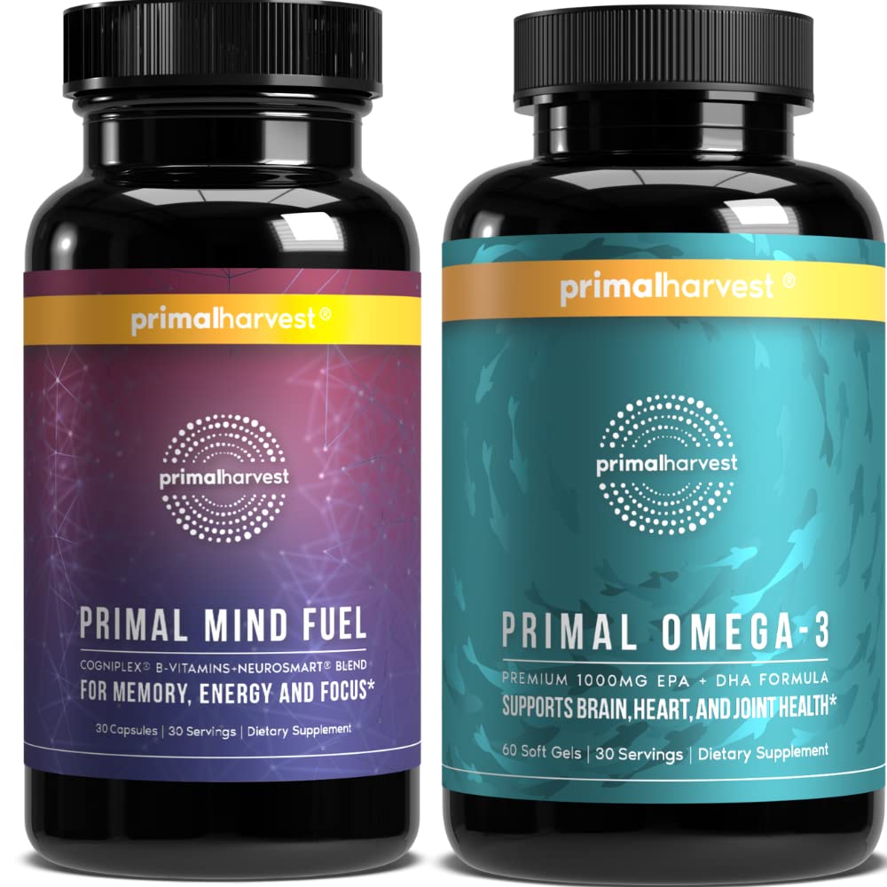 Primal Harvest Mind Fuel & Omega 3 Toidulisandid Naistele ja Meestele Kalaõli Kapslid ja Mind Fuel Brain Booster Pills Bundle