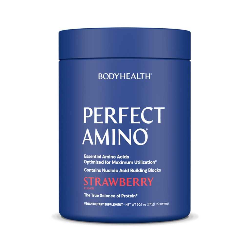 BodyHealth PerfectAmino Powder - BCAA ja EAA Pulber Pre ja Post Workout - Aminohappe energiajook meestele ja naistele, et toetada Lean lihaseid ja taastumist - Maasikas - 120 Servings