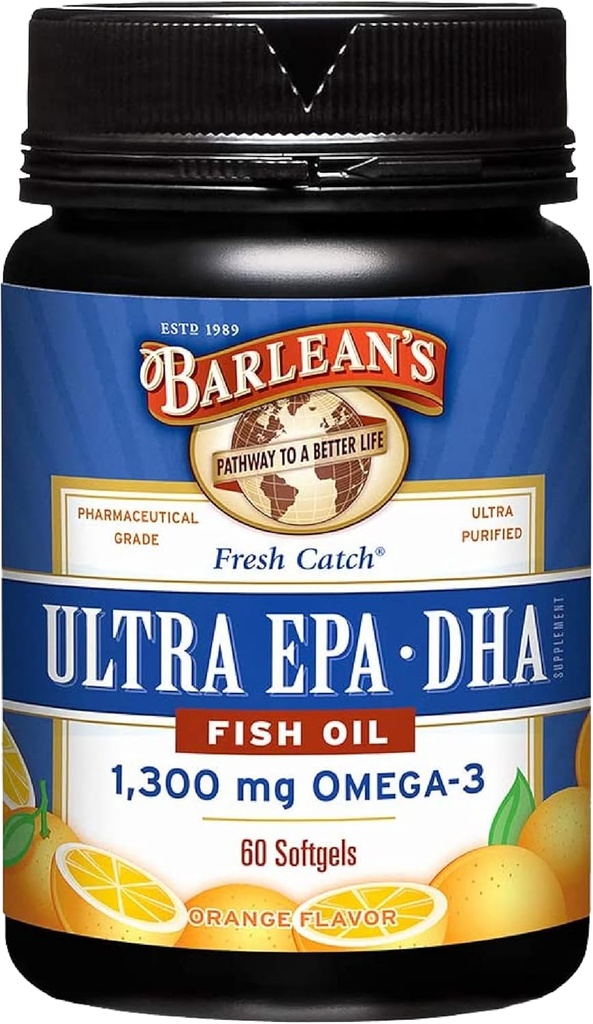 Barlean's Omega 3 kalaõli täiendused, meeste ja naiste toidulisandid, 1300 mg Ultra EPA ja DHA rasvhapped, oranž maitsestatud, 60 krahv