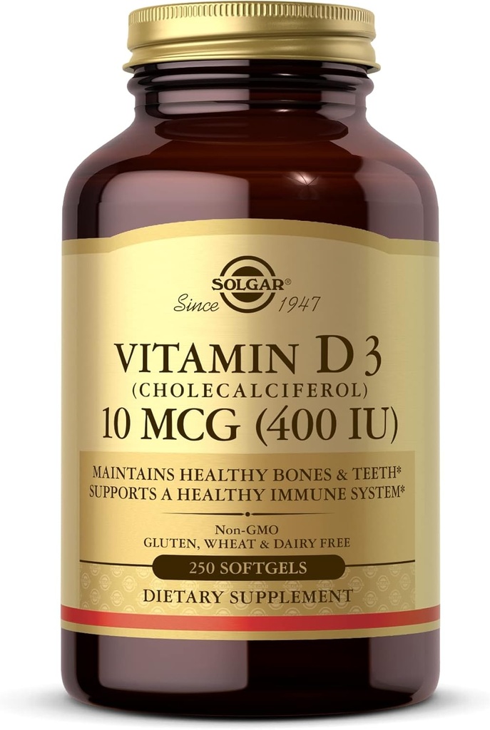 Solgar Vitamiin D3 (kolekaltsiferool) 10 MCG (400 RÜ), 250 Softgels - aitab säilitada tervislikke luid ja hambaid - Immuunsüsteemi tugi - Mitte-GMO, Gluteenivaba, piimavaba - 250 Servings