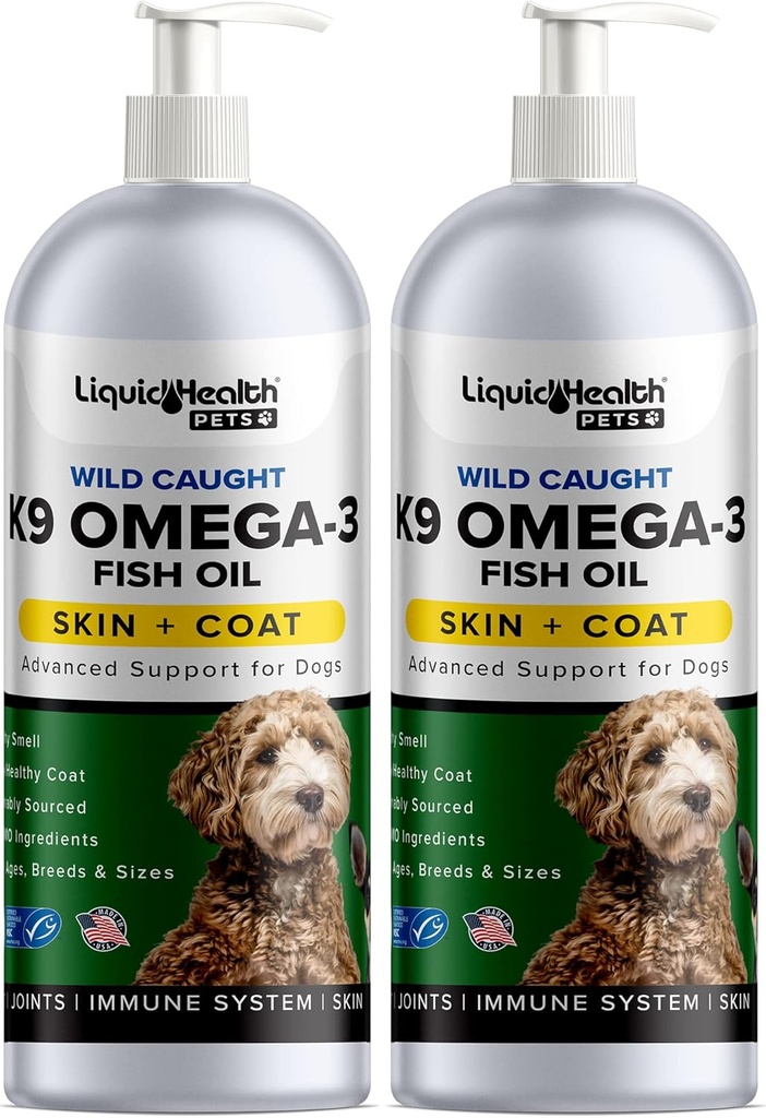 Vedelad tervislikud lemmikloomad K9 Omega 3 kalaõli koertele - Vedel Omega 3 lisand lemmikloomadele EPA + DPA + DHA - Vähendage sügelust ja lamamist, tugiliigeseid, immuunsust, aju, südame tervist - USA Made (2 Pack)