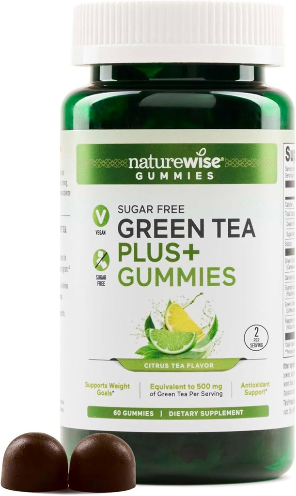 NatureWise Green Tea Gummies - Keto, Sugar Free - toetab Fitness eesmärgid naistele ja meestele - 500mg Roheline Tee + Vaarika Ketoonid, Garcinia Cambogia - Vegan, No Gluten - 60 Count[1-kuu tarne]