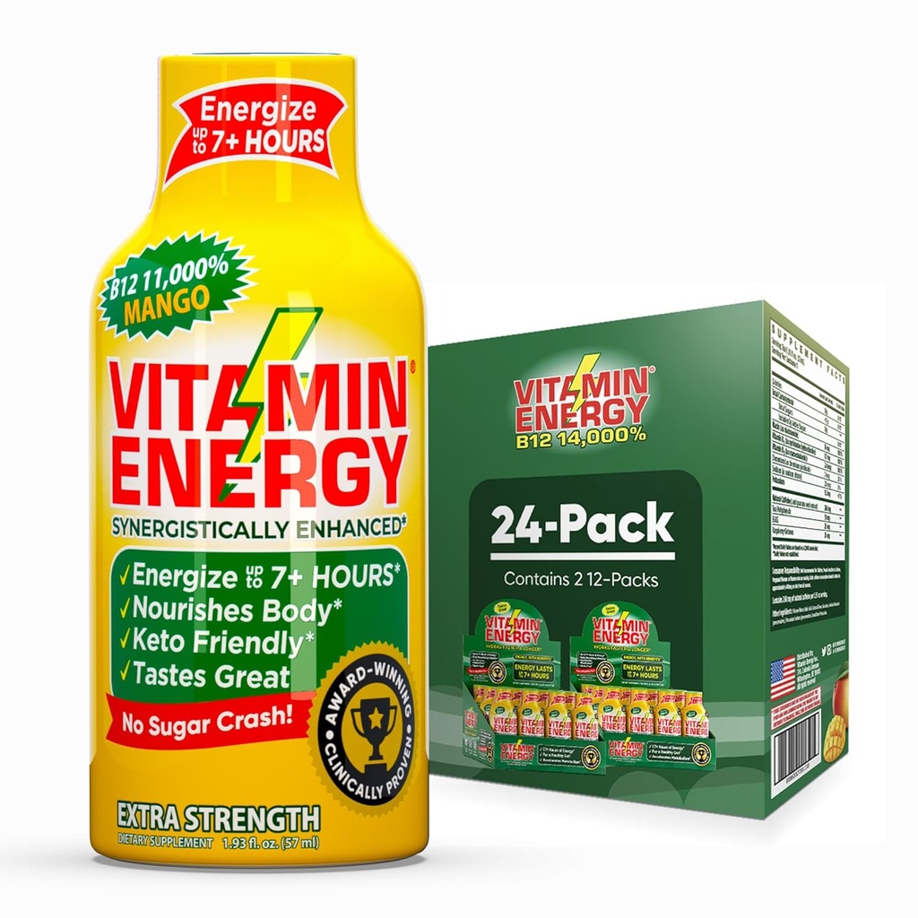 Vitamiin Energia B12 11 000% Extra Strength Energy Shot Mango 24 Pack, 260mg Natural Caffeine, B12 & B6, Nootropic Focus, Vitality, Zero Sugar, Gluteenivaba, Vegan, Kosher, 1,93 fl oz