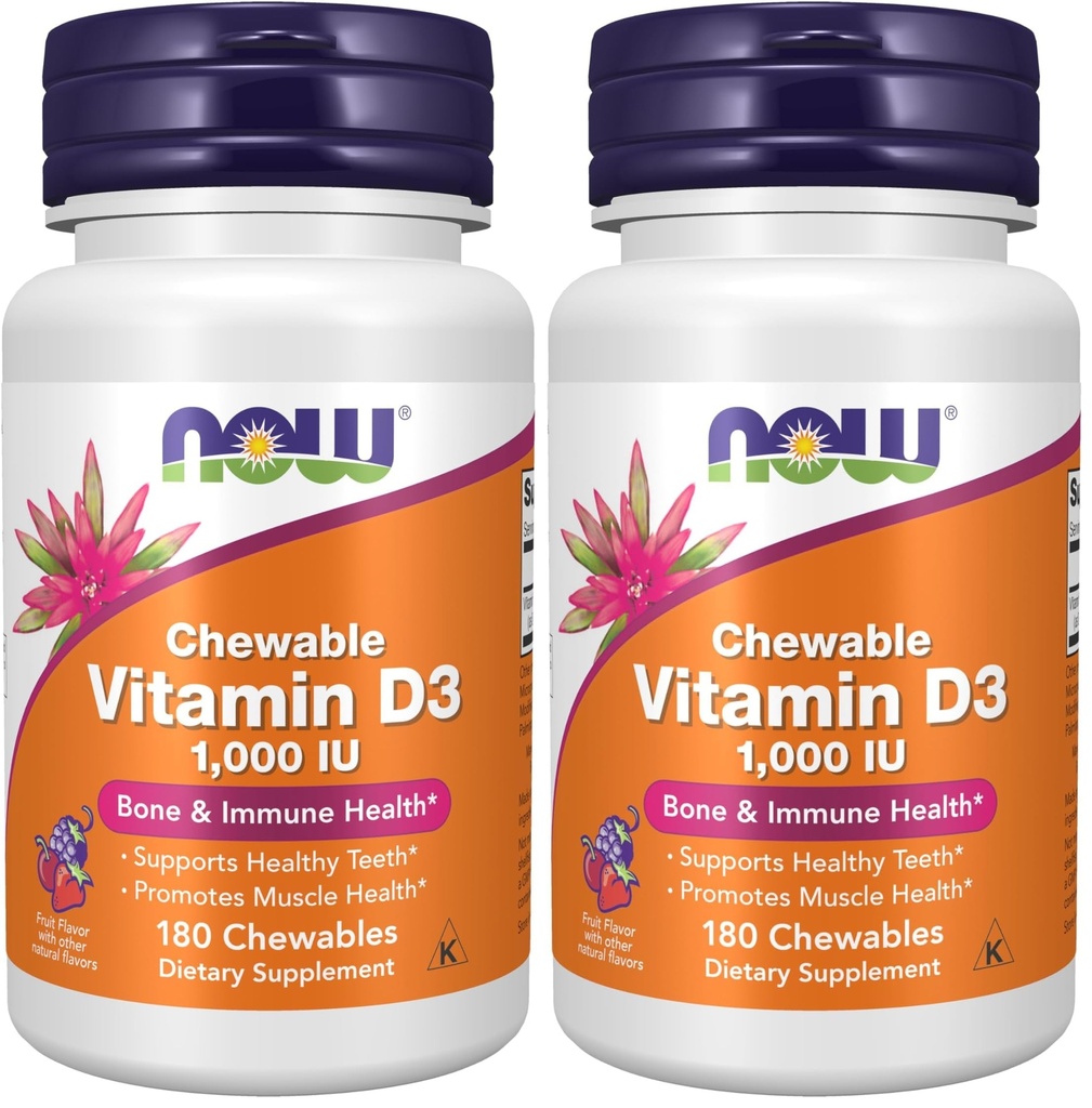 NOW toidulisandid, vitamiin D-3 1000 RÜ, looduslik puuviljamaitse, struktuuritoetus *, 180 närimistabletid (pakk 2)