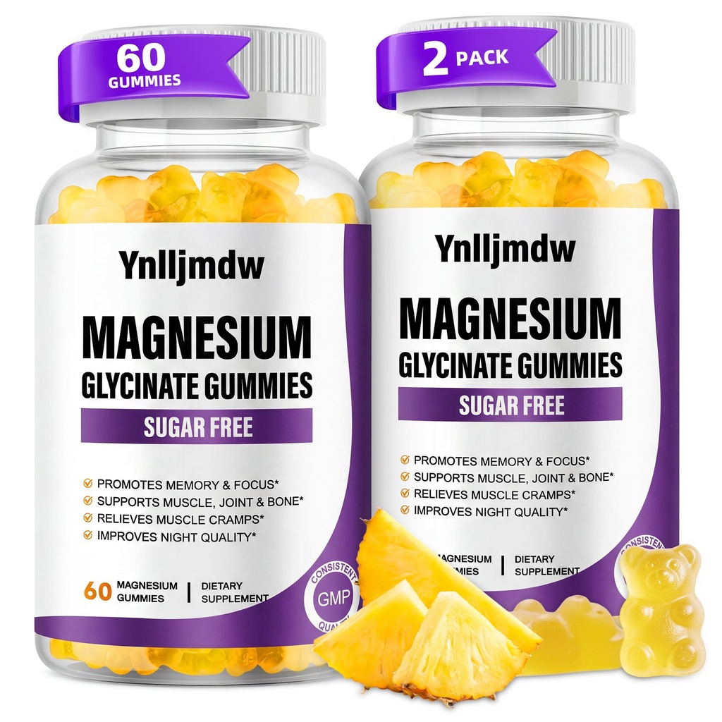 (2 Pack) Magneesium Glütsinaat Gummies 500mg, suure imendumisega magneesiumi lisand kaltsiumi ja vitamiinidega, tugiluu, lihased, öö, mälu ja meeleolu, vegan, mitte-GMO, 60 loendit, ananassimaitse