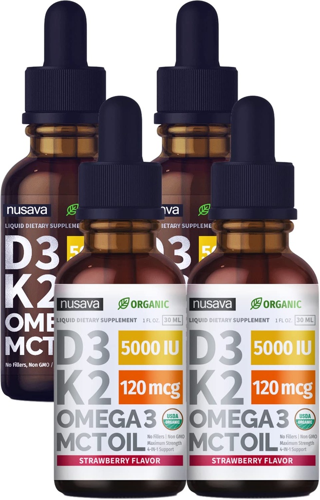 (4 Pack) Vitamiin D3 K2 tilgad Maitsestamata & Maasikas Maitsestatud Bundle - Maksimaalne tugevus Vitamiin D Vedel 5000 RÜ MCT õli Omega 3 - Ei Täiteaineid, Mitte-GMO Vedel D3 Immuunsüsteemi toetuseks, 2 Fl Oz Iga
