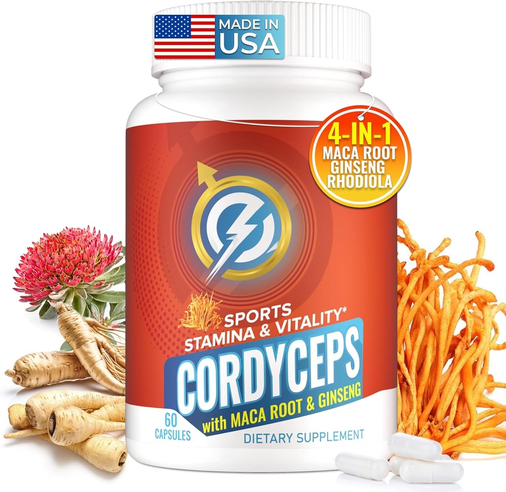Cordyceps Seenekapslid - Immune & Energy Support Supplement koos Cordyceps Militaris, Maca Juur, ženšenn, Rhodiola, Seenelisa vastupidavus, vastupidavus, sportlik jõudlus, 60 kapslit