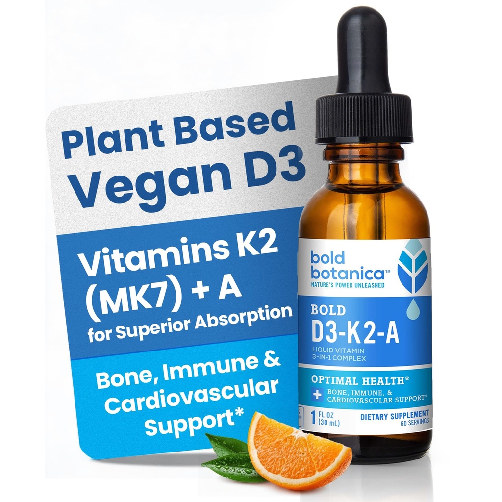 Bold Botanica D3-K2-A, vedel vitamiinikompleks, Vegan D3 orgaanilistest vetikatest vitamiiniga K2 (MK7) ja A immuunsuse toetamiseks, looduslik apelsinilõhn, maitseb maitsev, 1 FL OZ. (30 ml)