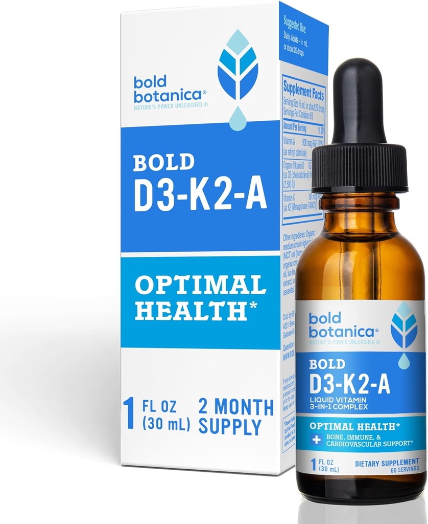 Bold Botanica D3-K2-A, vedel vitamiinikompleks, Vegan D3 orgaanilistest vetikatest vitamiiniga K2 (MK7) ja A immuunsuse toetamiseks, looduslik apelsinilõhn, maitseb maitsev, 1 FL OZ. (30 ml)