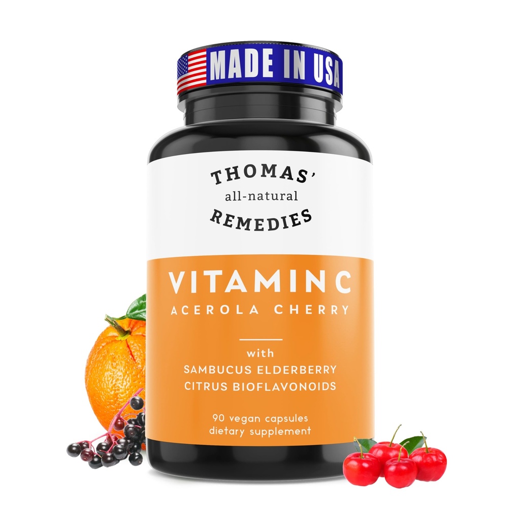 Thomas'i looduslikud abinõud C-vitamiin orgaanilise leedrimarjaga, orgaanilised tsitrusviljad Bioflavonid - kogu toidulisand - mitte-GMO - toores vegan - 90 kapslit