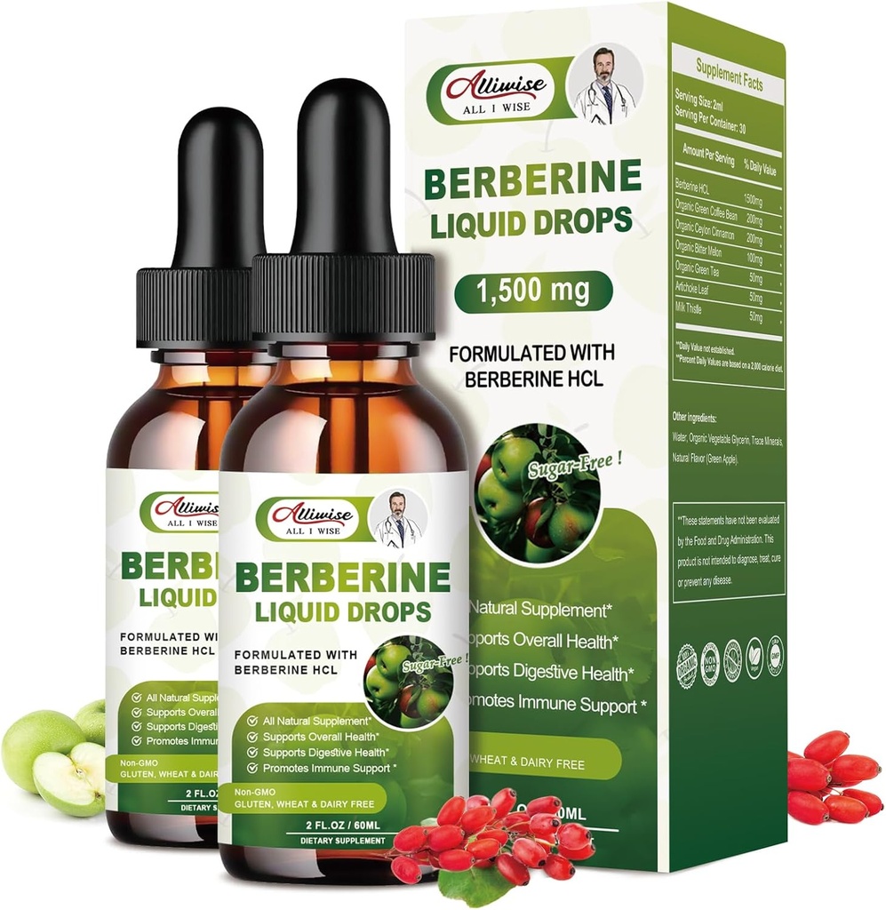 2 Pack Berberine Supplement Vedelad tilgad immuunsüsteemi ja seedesüsteemi toetamiseks - Premium Berberine HCL 1500mg koos puhta tseiloni kaneeliga - 4 Fl Oz