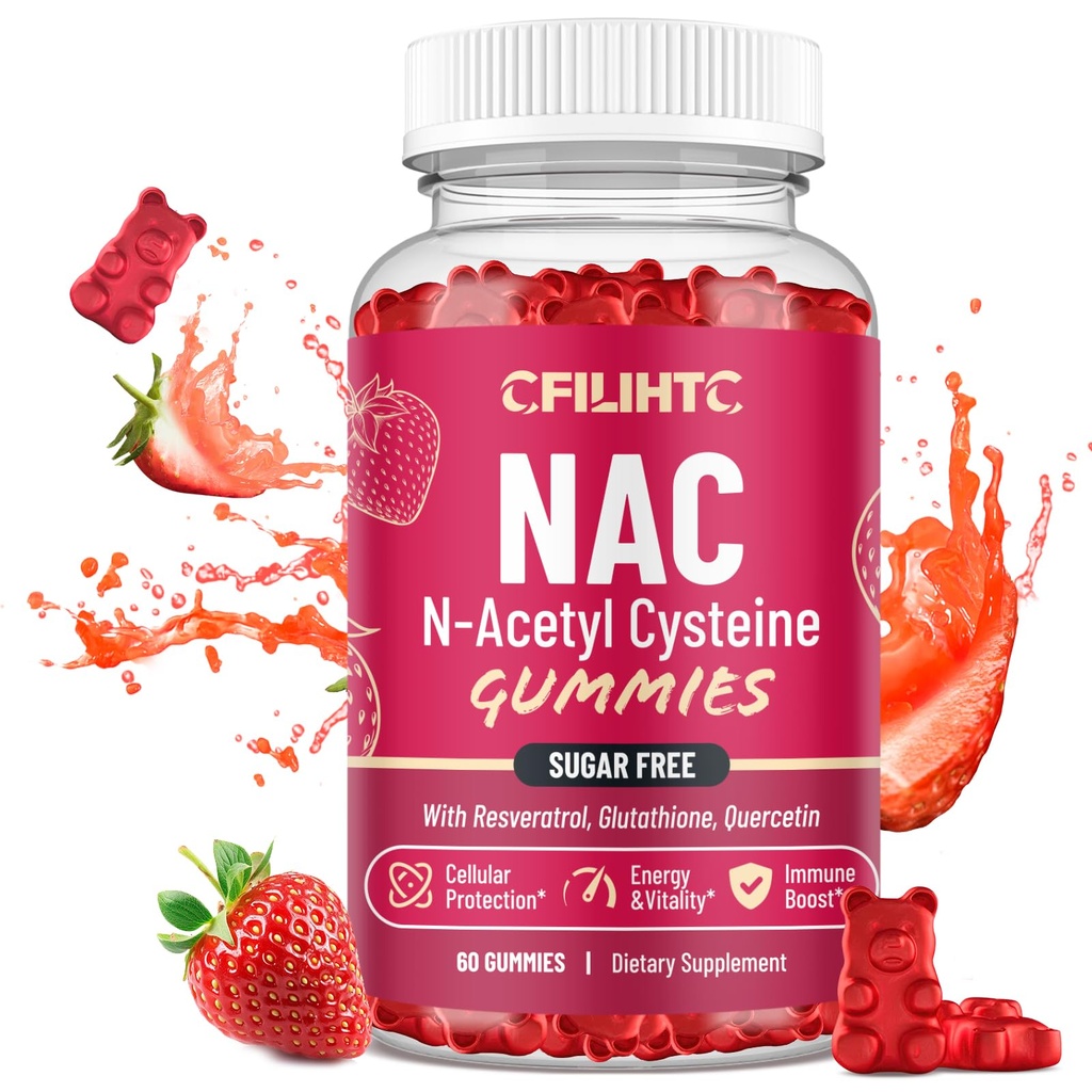 CFILIHTC NAC Gummies 600mg, N atsetüültsüsteiini lisand koos glutatiooni, resveratrooli, magneesiumi, CoQ10, NAC närimiskõlblik antioksüdantide ja immuunsuse toetamiseks, maasikamaitse 60 Gummies