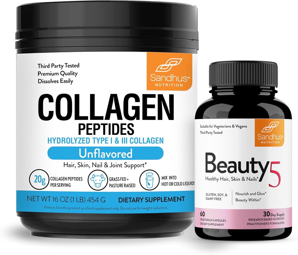 Sandhu's Grass-Fed Collagen Peptides Pulber & Ilu 5 Kapslid | Naha täiendused | Soodustab nahka, juukseid, küünte tervist