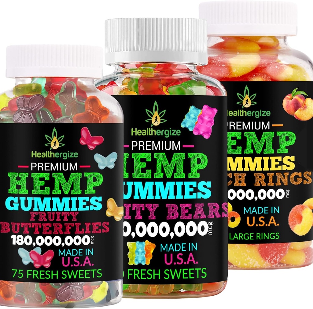 3PACK Kanepikummid Premium-Hempoil Gummy Bears, Fruit Butterflies ja värske virsikurõngad-magamiseks, rahulikuks, lõdvestumiseks, lihasteks, seljaks, ebamugavuseks, põletikuks-looduslik partei-valmistatud USA-s