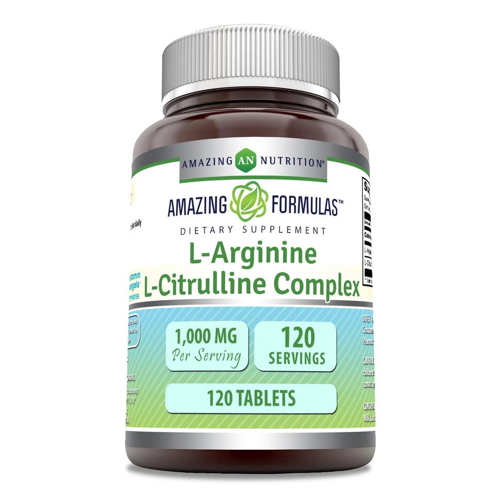 Amazing valemid L-arginiin / L-tsitrulliin Complex 1000mg 120 Tablets Supplement | Mitte-GMO | Gluteenivaba | Valmistatud USAs