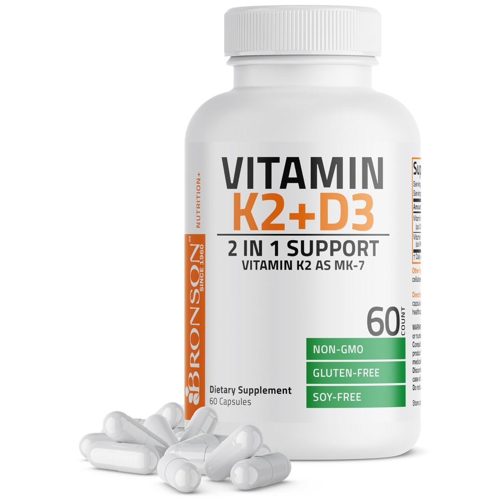 Bronson Vitamiin K2 D3 (MK7) Täiendus Mitte-GMO valem Vitamiin D3 5000 IU (125 mcg) & 90 mcg K2 MK-7, Lihtne neelata D & K kompleks, 60 kapslit