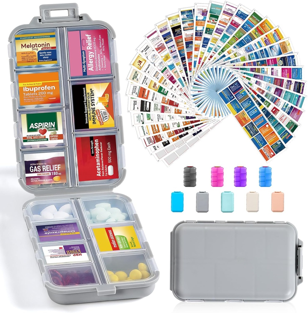 14 Grids Travel Pill Korraldaja Karp 415-Pcs Ravimi nimesildid - Tasku Daily Pharmacy Case Container - Travel Medic Holder Dispenser Kit Fish Oil Vitamin Supplement Storage - Hall