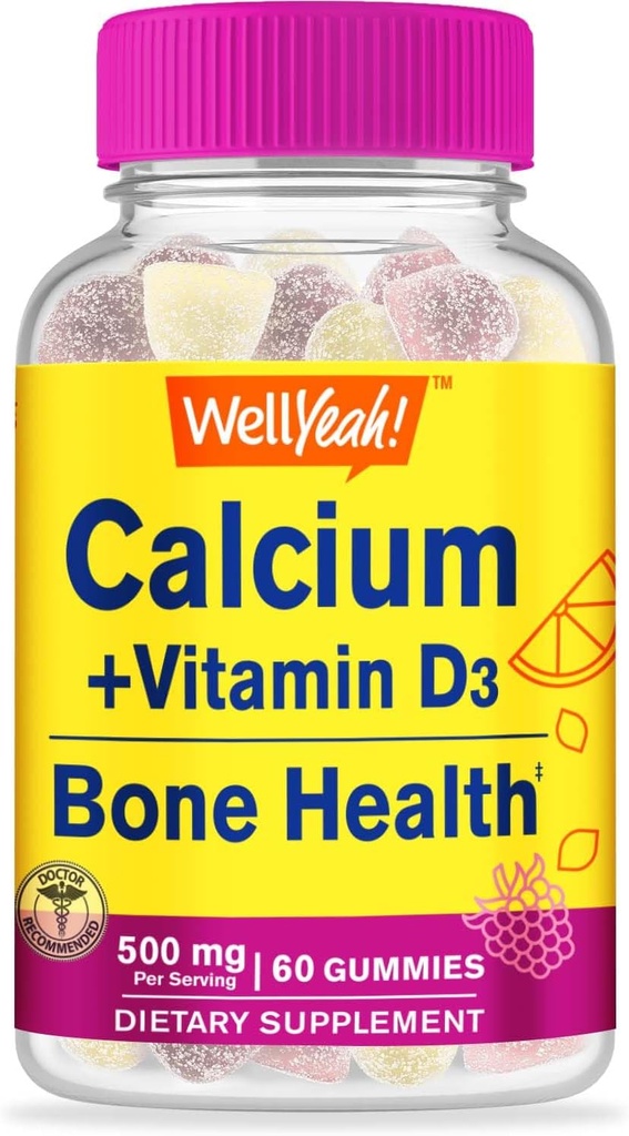 Well Yeah Calcium 500mg + Vitamiin D3 1000 RÜ (25 mcg) Gummies - Luude Tervis ja lihasprei, Immune Support Gummy, Non GMO, Gluteenivaba, Mix Fruit Maitseained - 60 Gummies