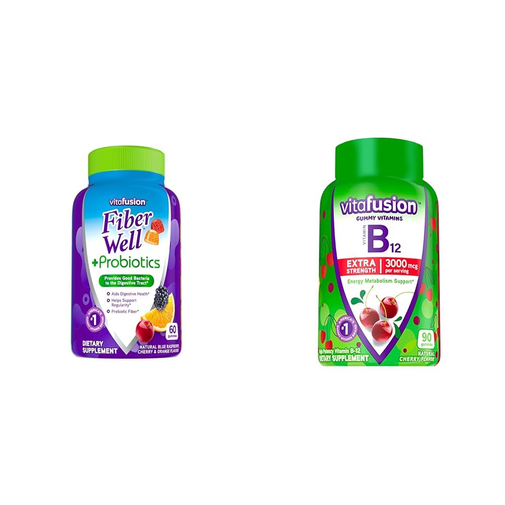 Vitafusion Fiber Well + probiootikumid Gummies täiskasvanutele 60 loe ekstra tugevus Vitamiin B12 Kummi vitamiinid energia metabolismi toetamine 90