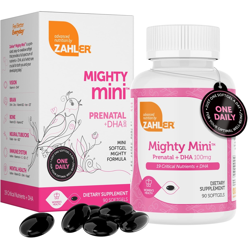 Zahler Mighty Mini Prenataalne Vitamiin DHA & Folaadiga - Sertifitseeritud Kosher - Kõik looduslikud sünnieelsed vitamiinid - Multivitamiin rasedatele - 19 sünnieelset vitamiini, sealhulgas foolhapet (90 Softgels)