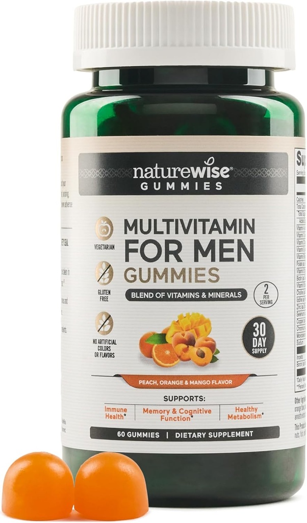 NatureWise multivitamiin meestele, Gummies Peach Mango maitse, immuunsuse tervise jaoks mineraalidega ja vitamiinidega A, C, D, E, B6 ja B12, taimetoitlane, sojavaba, mitte-GMO, 60 Count[1-kuu pakkumine]