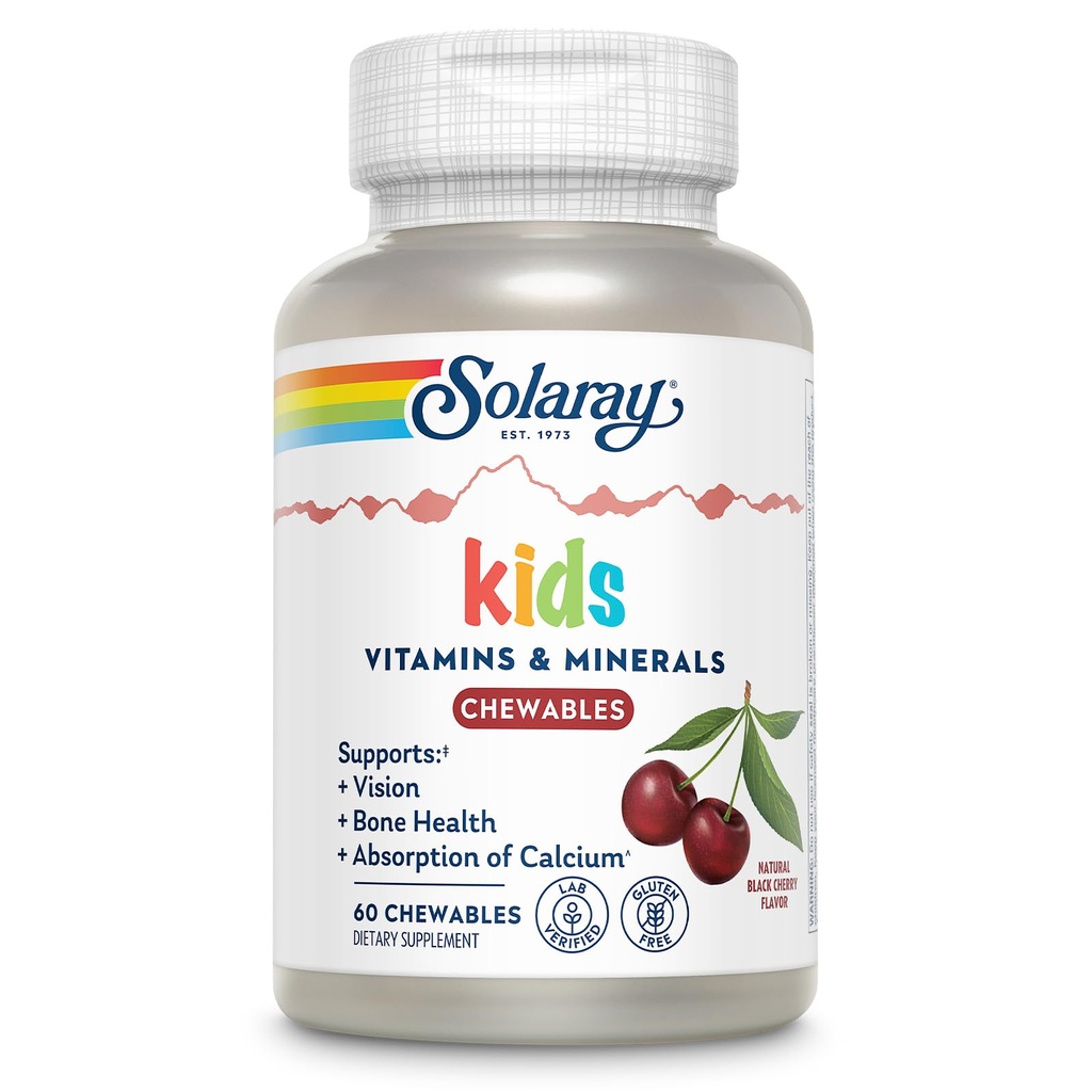 SOLARAY Laste vitamiinid ja mineraalid Täielik multivitamiin lastele Suur must kirsi maitse (076280047974) (60 närimist, 30 servi)
