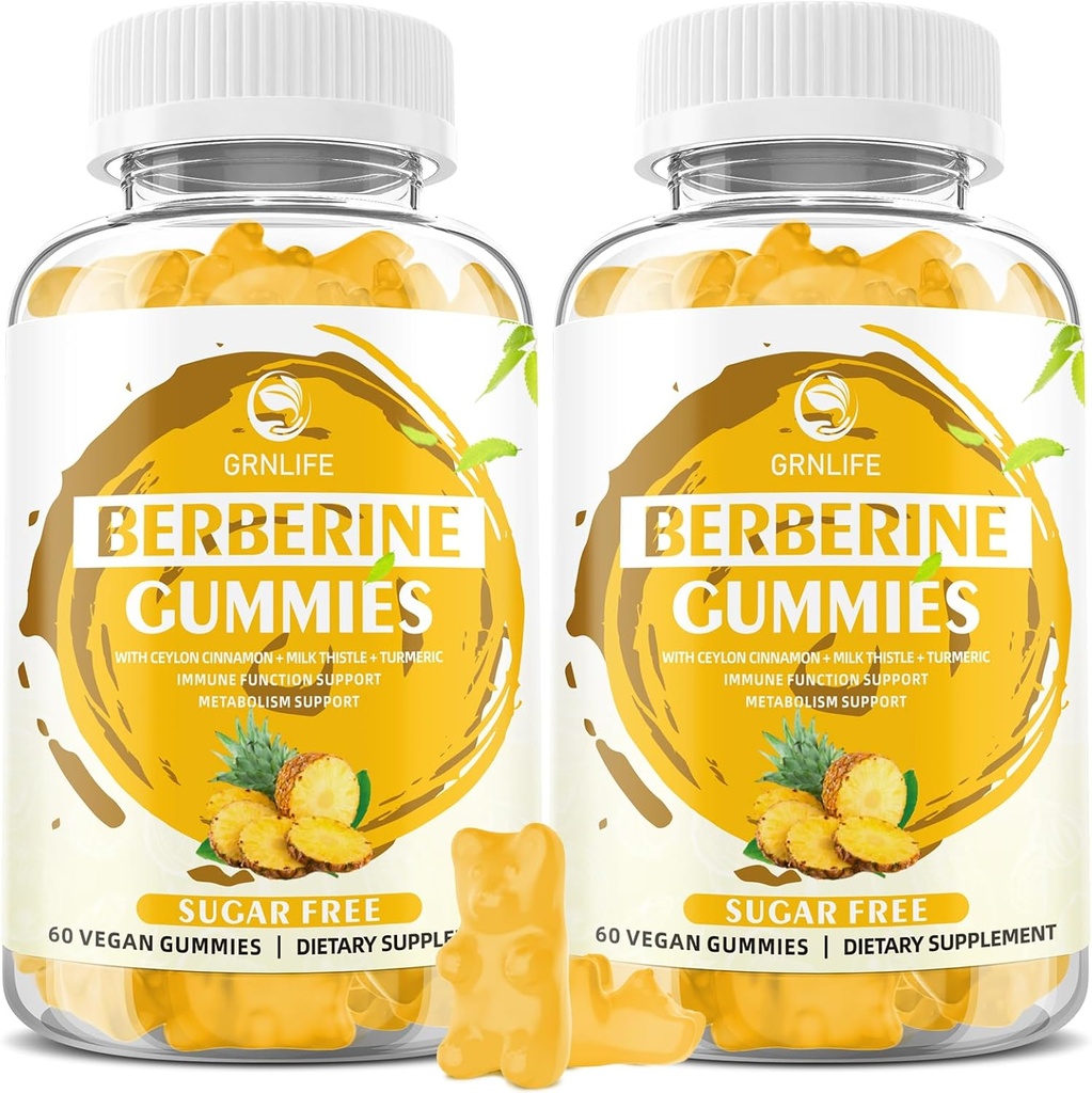 Berberine Gummies koos Ceylon Cinnamon 1500mg kõrge potentsi Berberine HCL täiendus immuunsüsteemi ja ainevahetuse toetamine, suhkruvaba, ananassimaitse - 120 krahv