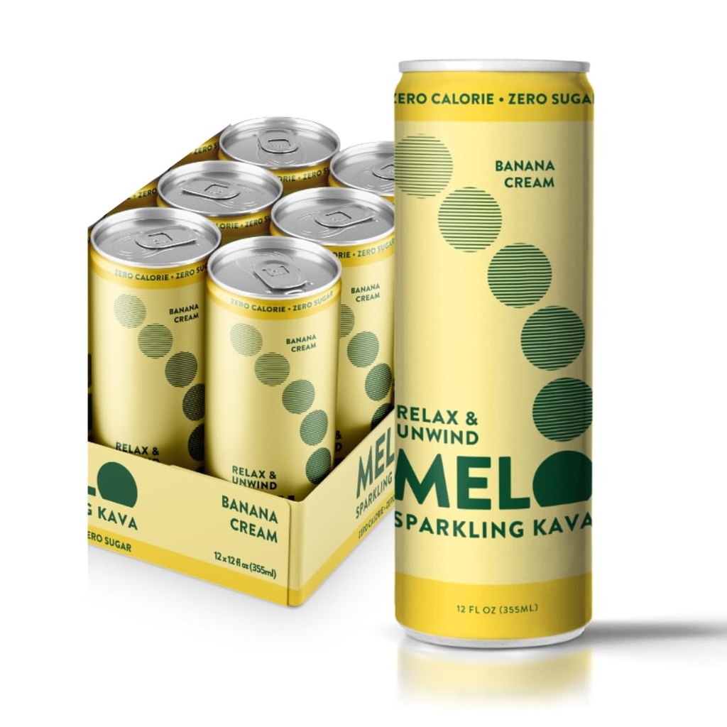 Melo Sparkling Kava Jook, Banaanikreem, suhkruvaba mittealkohoolsed joogid nullkaloritega, Gluteenivaba, Vegan, 100% looduslik mokteil 100mg Kava Juur joogi kohta, 6 Pack, 12 oz purgid