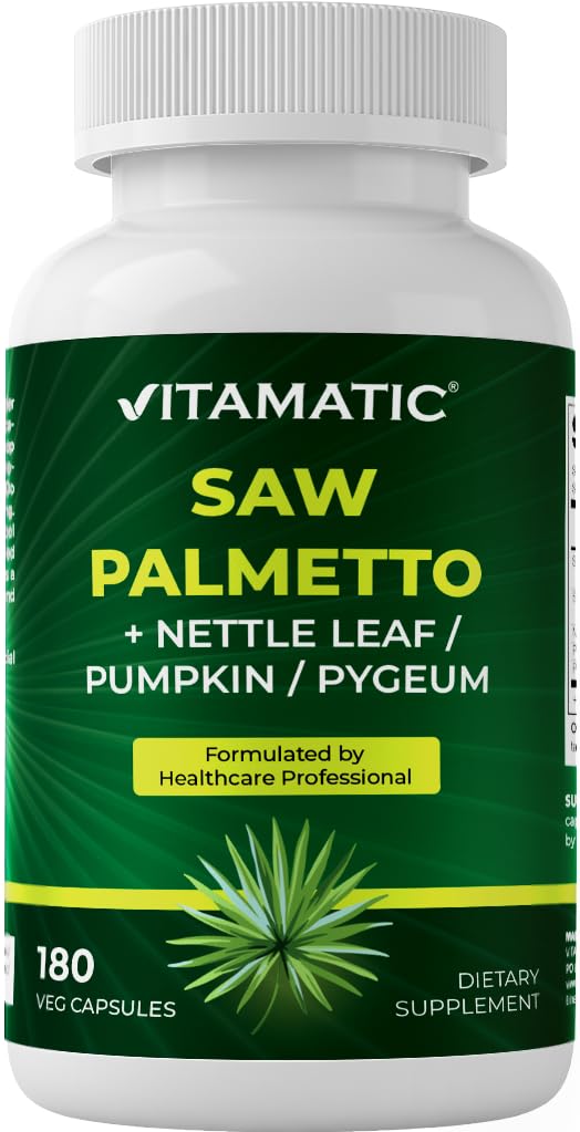 Vitamatic Saw Palmetto ekstrakt meestele ja naistele 180 Veg kapslid - valmistatud kõrvitsaseemnetest, Pygeum, Nettle Leaf - valmistatud USA-s - edendab tervislikku eesnäärme funktsiooni